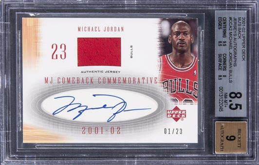 2001-02 Upper Deck "MJ Comeback Commemorative" #CCA2 Michael Jordan Signed Game-Used Jersey Card (#1/23) - BGS NM-MT+ 8.5/BGS 9